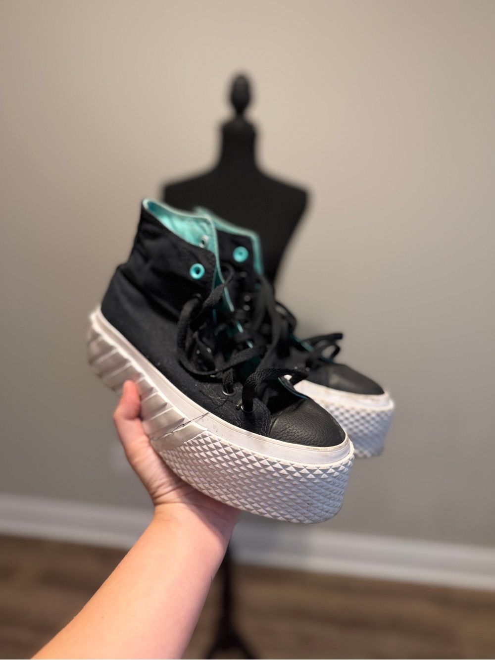 Vans Black Canvas Platform Sneakers with White Textured Sole and Mint Accents